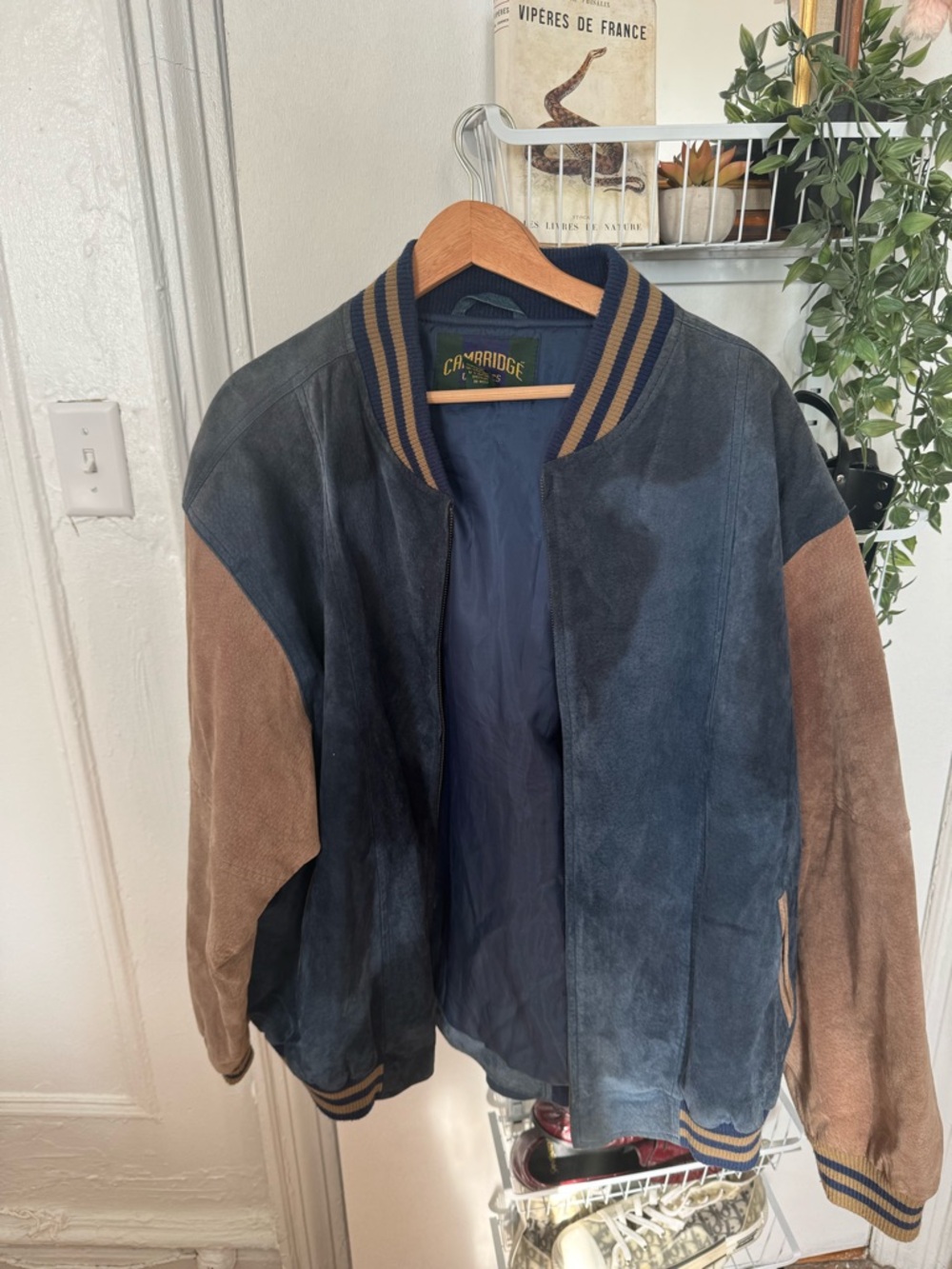 Vintage Men's Two-Tone Suede Bomber Jacket - Navy & Brown